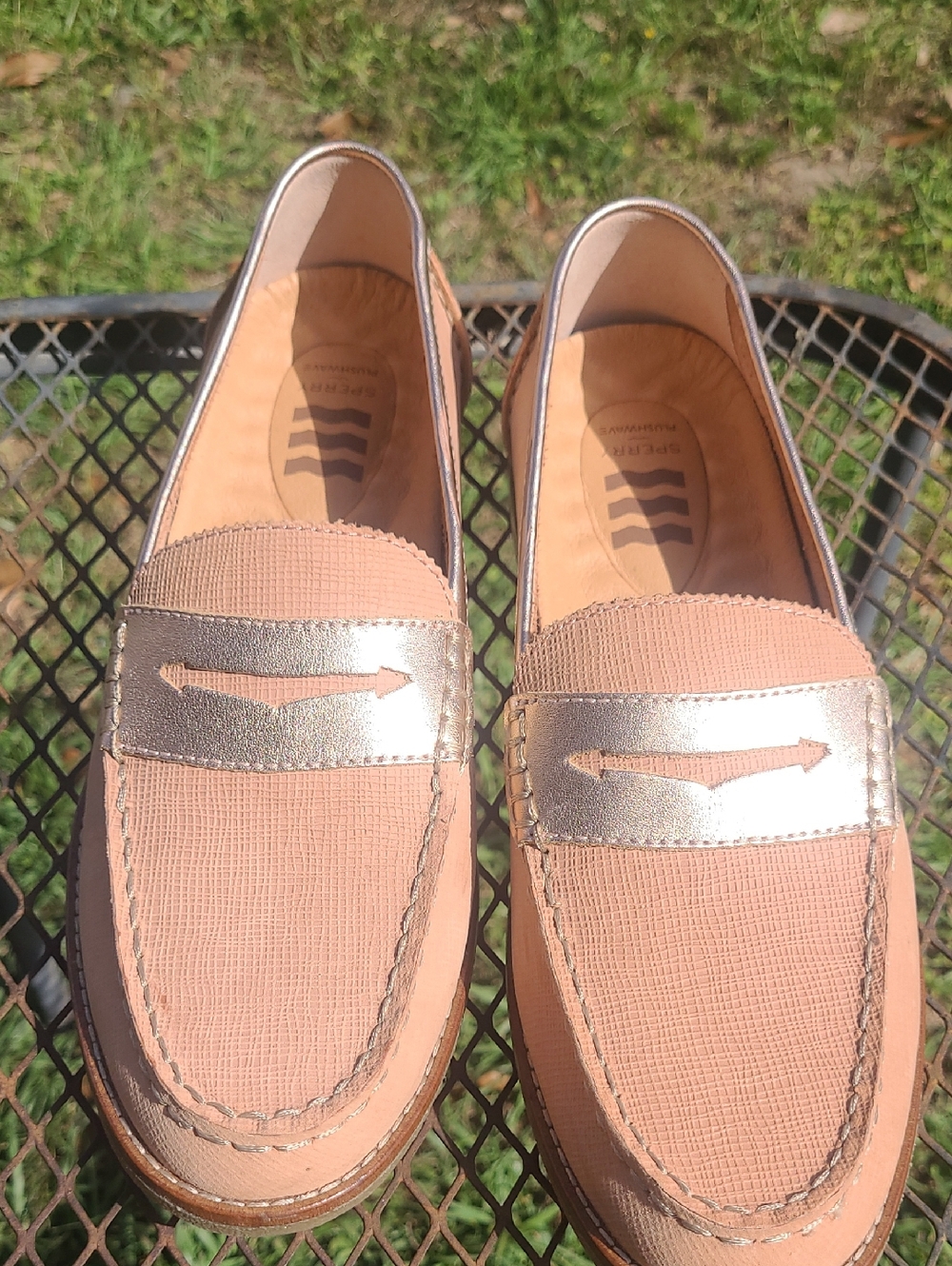 Sperry Tan Loafers with Metallic Silver Band